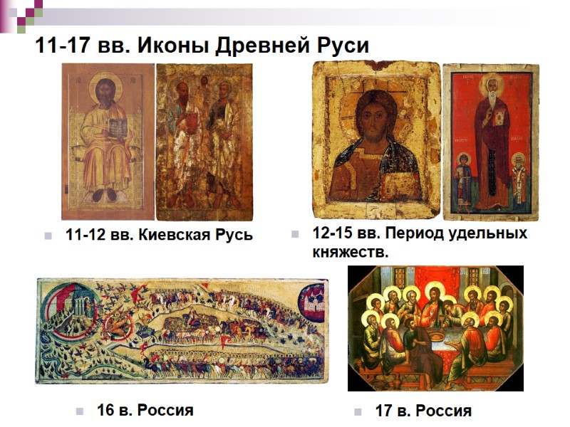 12-15 вв. Период удельных княжеств.      11-17 вв. Иконы Древней